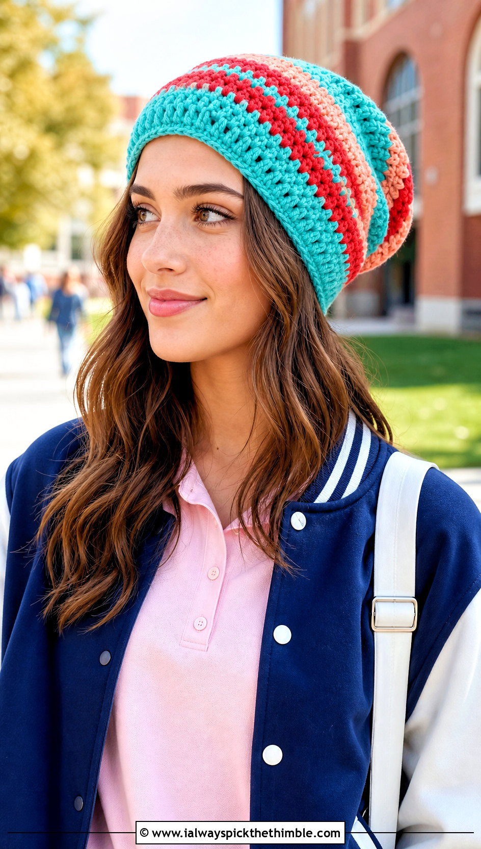 Striped Slouchy Crochet Hat With Varsity Jacket And Mini Skirt - 15 Slouchy Crochet Hat outfit ideas