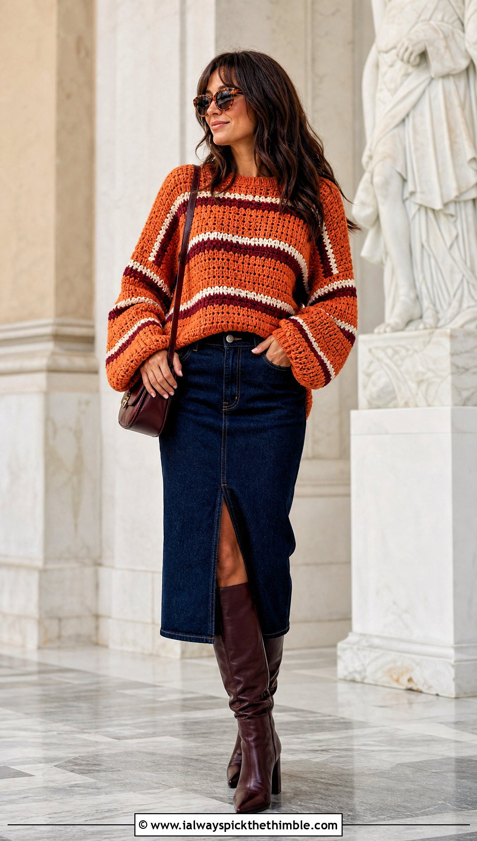 Striped Slouchy Crochet Sweater With Denim Midi Skirt - 15 Super Slouchy Crochet Sweater outfit ideas