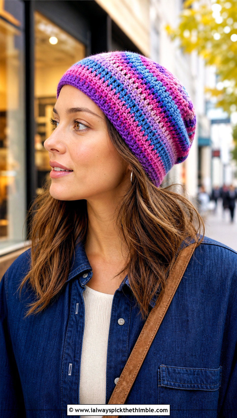 Striped Slouchy Mandala Crochet Beanie With Denim Dress - 20 Mandala Crochet Beanie outfit ideas