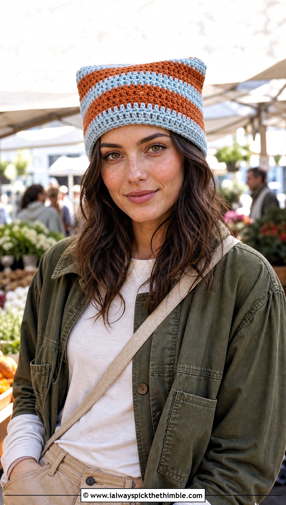 Striped Square Crochet Beanie With Utility Jacket And Carpenter Pants - 20 square crochet beanie outfit ideas