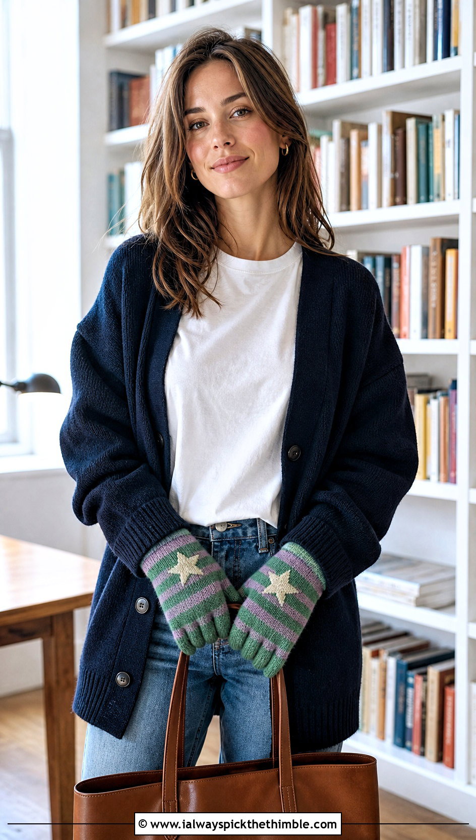 Striped Star Gloves With Oversized Cardigan - 25 crochet star gloves outfit ideas