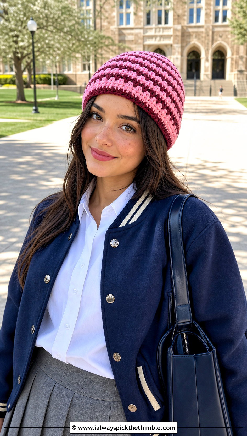 Striped Star Stitch Crochet Beanie With Varsity Jacket - 20 Star Stitch Crochet Beanie outfit ideas