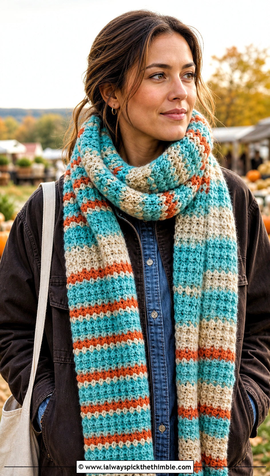 Striped Star Stitch Scarf With Barn Jacket - 20 Crochet Star Stitch Scarf outfit ideas
