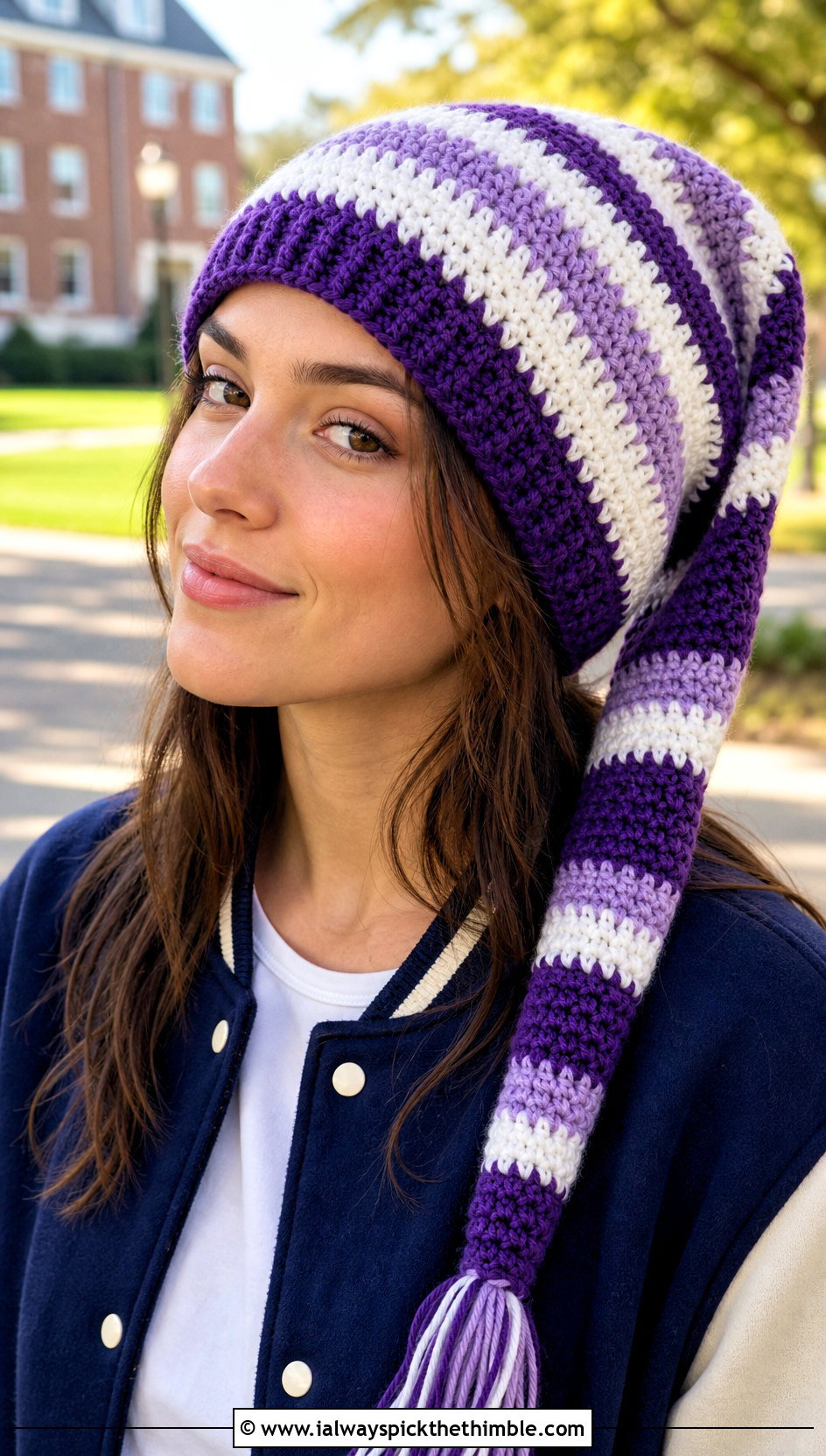 Striped Stocking Crochet Cap With Varsity Jacket And Pleated Skirt - 20 pointy crochet hat outfit ideas