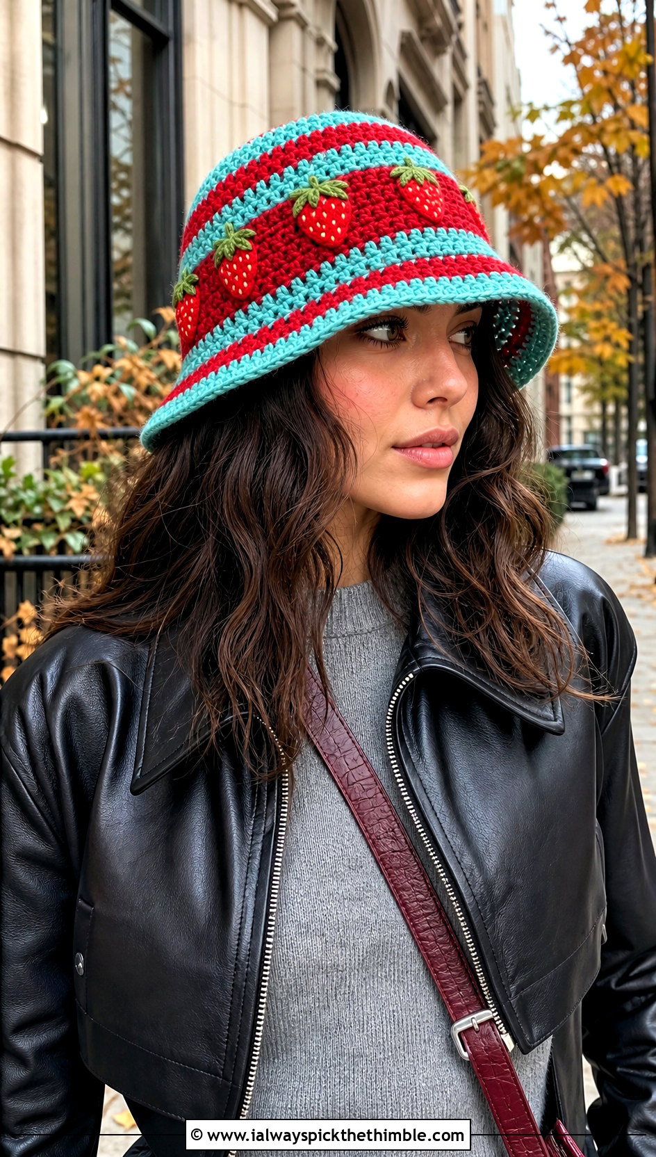 Striped Strawberry Crochet Bucket Hat With Leather Jacket - 15 strawberry crochet bucket hat outfit ideas