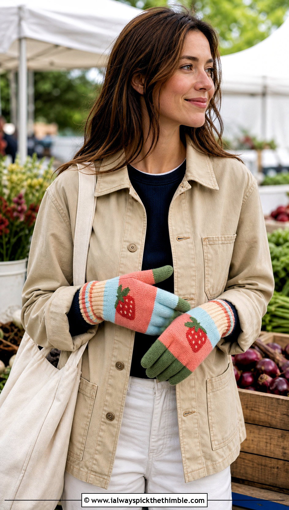 Striped Strawberry Gloves With Chore Jacket - 20 Strawberry Crochet Gloves outfit ideas