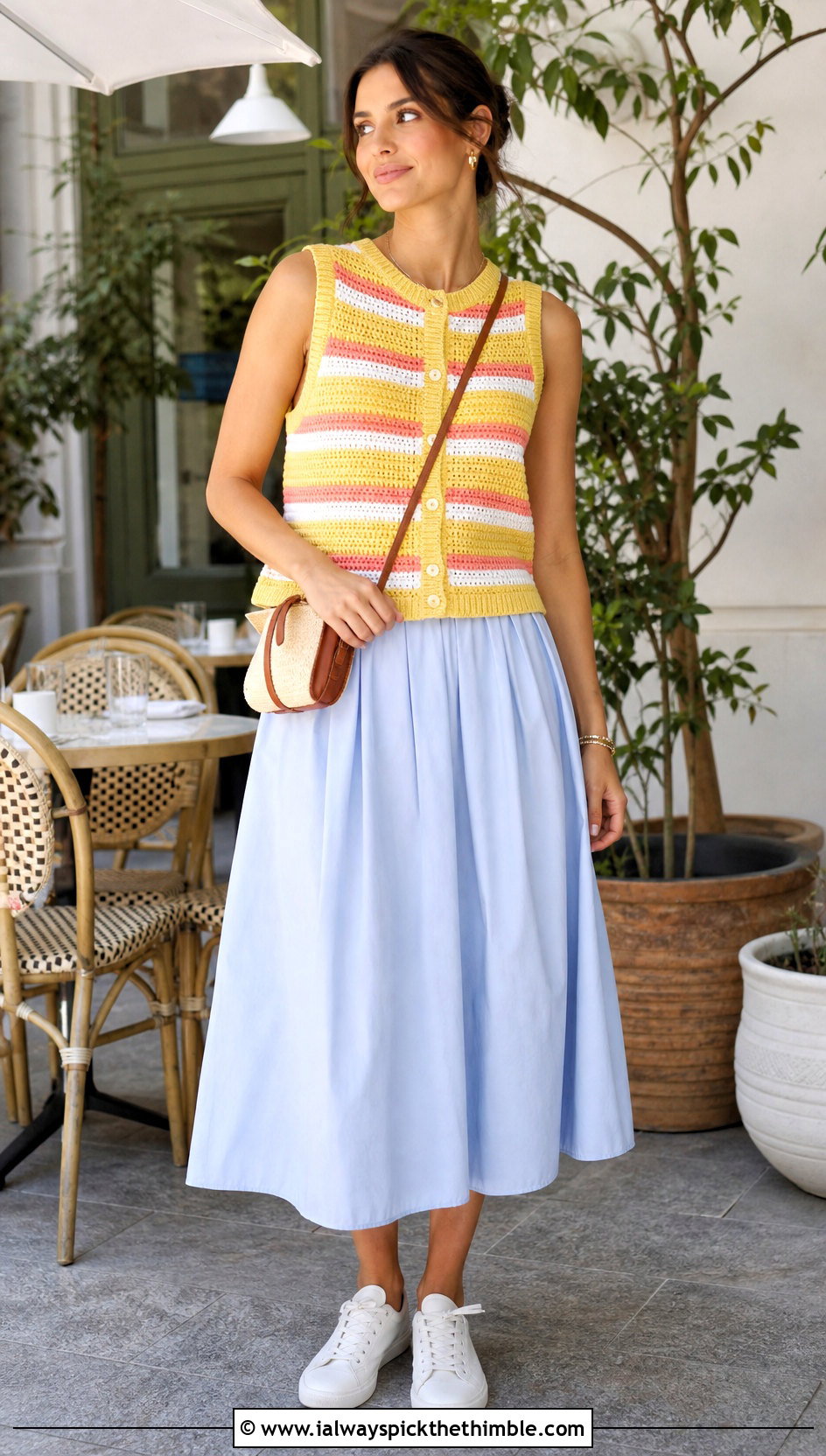 Striped Summer Crochet Vest With Poplin Midi Skirt - 15 Summer Crochet Vest Style outfit ideas