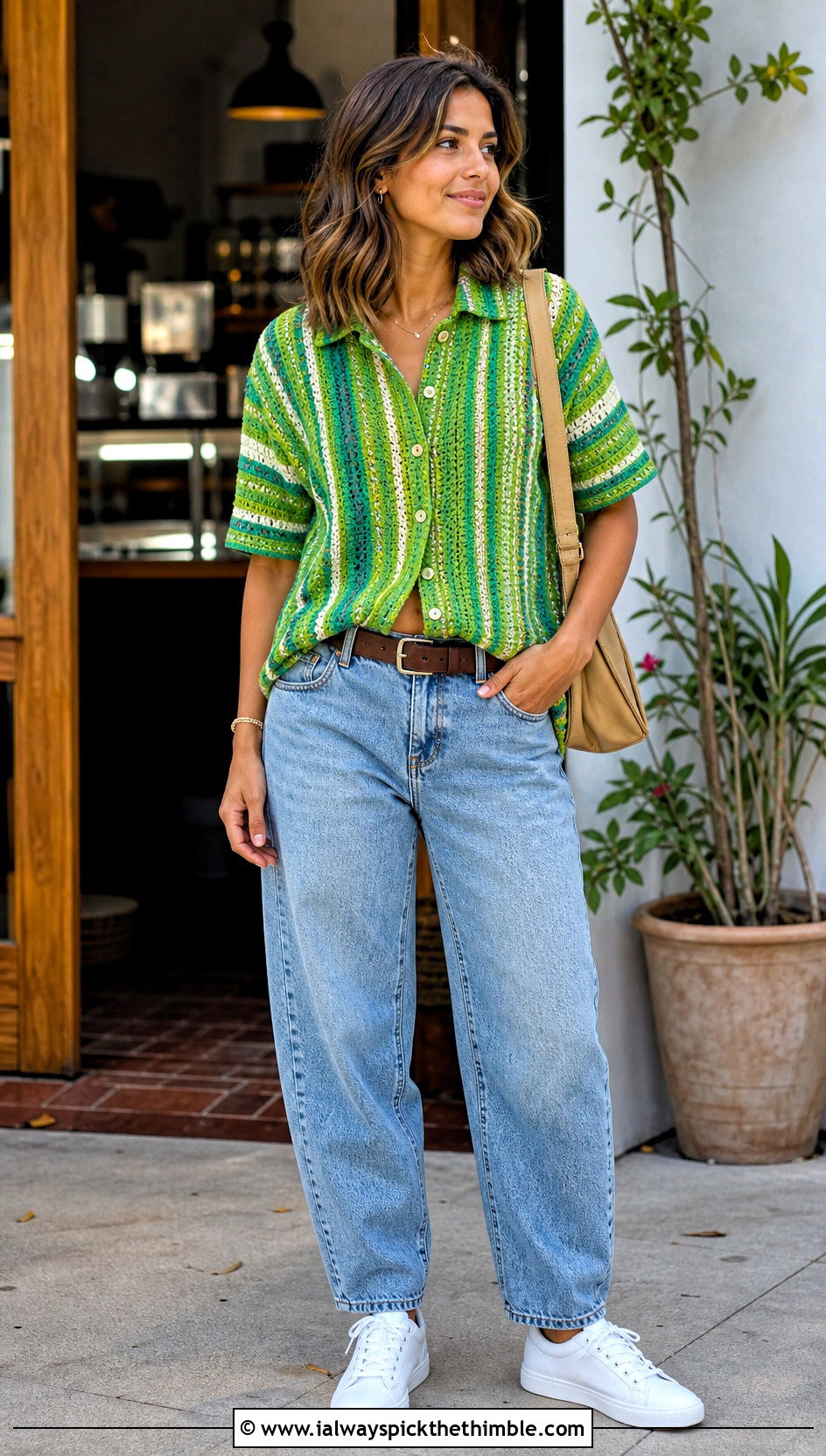 Striped Tapestry Crochet Button Down Shirt With Barrel Jeans - 20 crochet tapestry clothes and outfit ideas