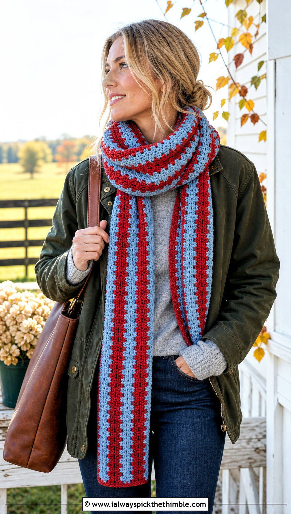 Striped Tapestry Crochet Scarf With Barn Jacket - 25 tapestry crochet scarf outfit ideas