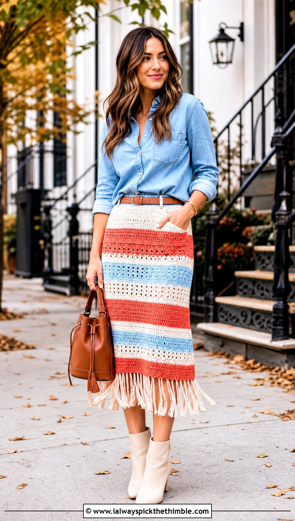 Striped Tassel Crochet Skirt With Denim Shirt - 20 crochet skirt with tassels outfit ideas