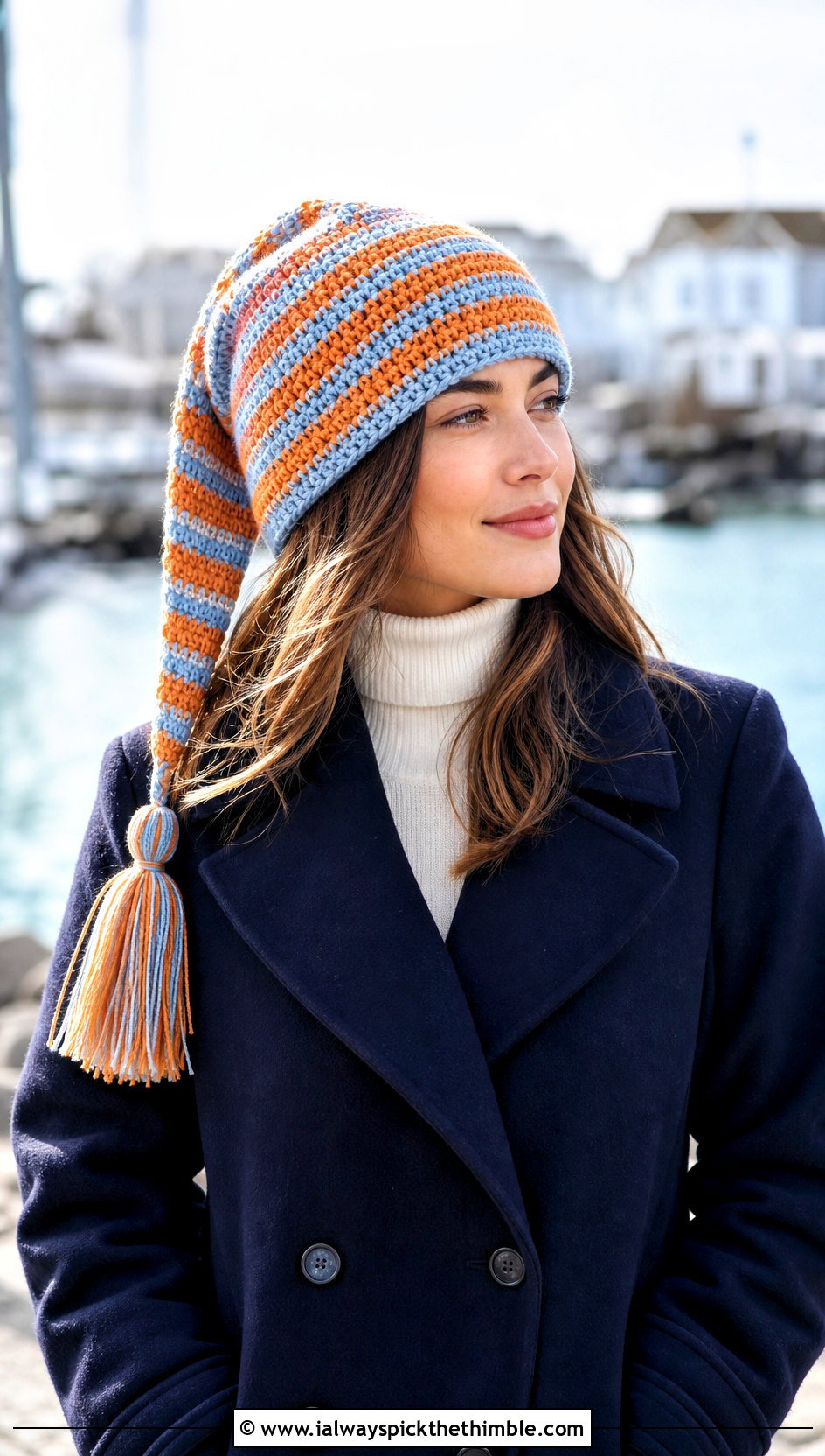 Striped Tassel Tip Crochet Stocking Cap With Peacoat - 20 crochet stocking cap outfit ideas