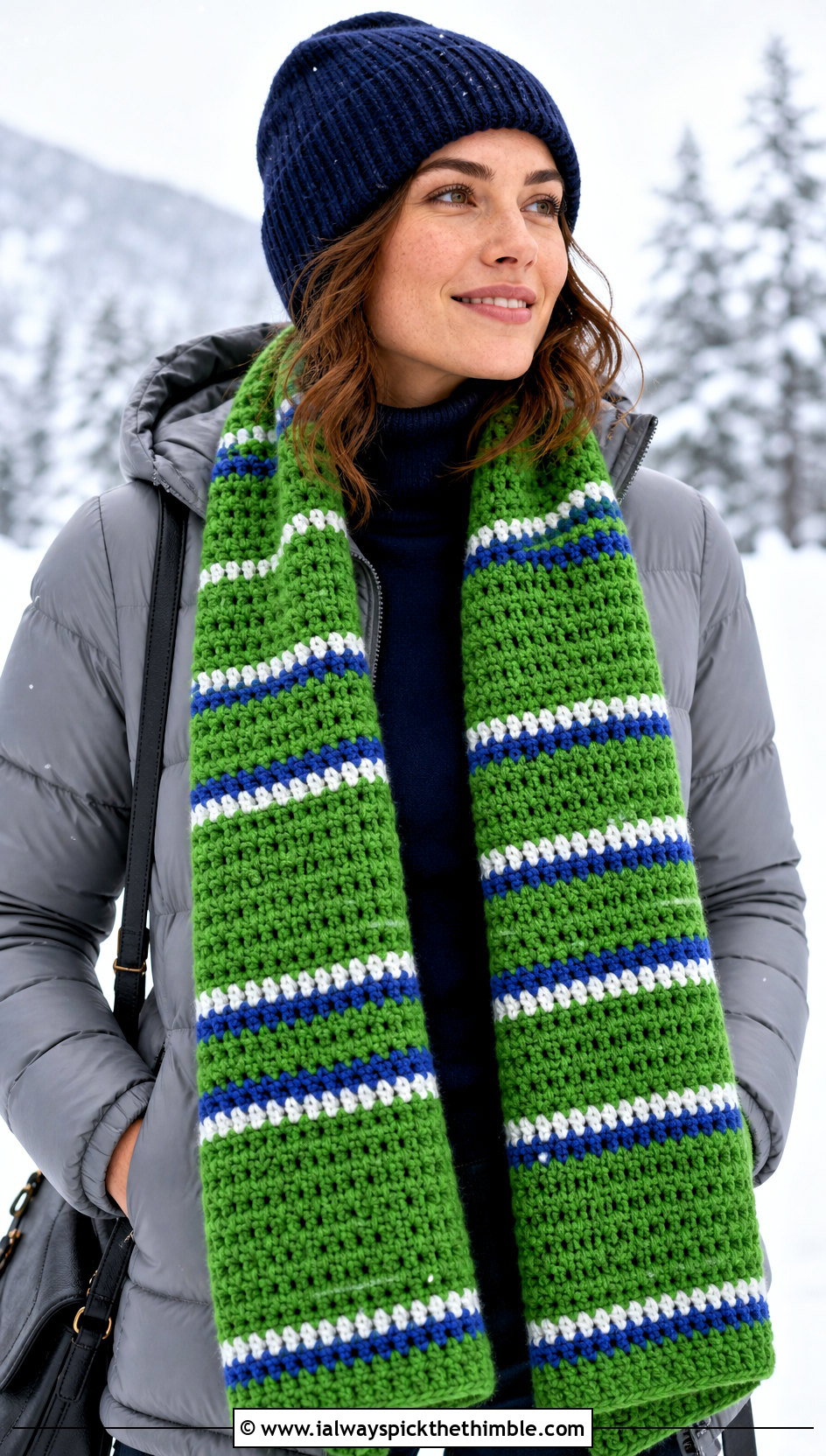 Striped Thermal Stitch Crochet Scarf With Puffer Jacket - 20 Thermal Stitch Crochet Scarf outfit ideas