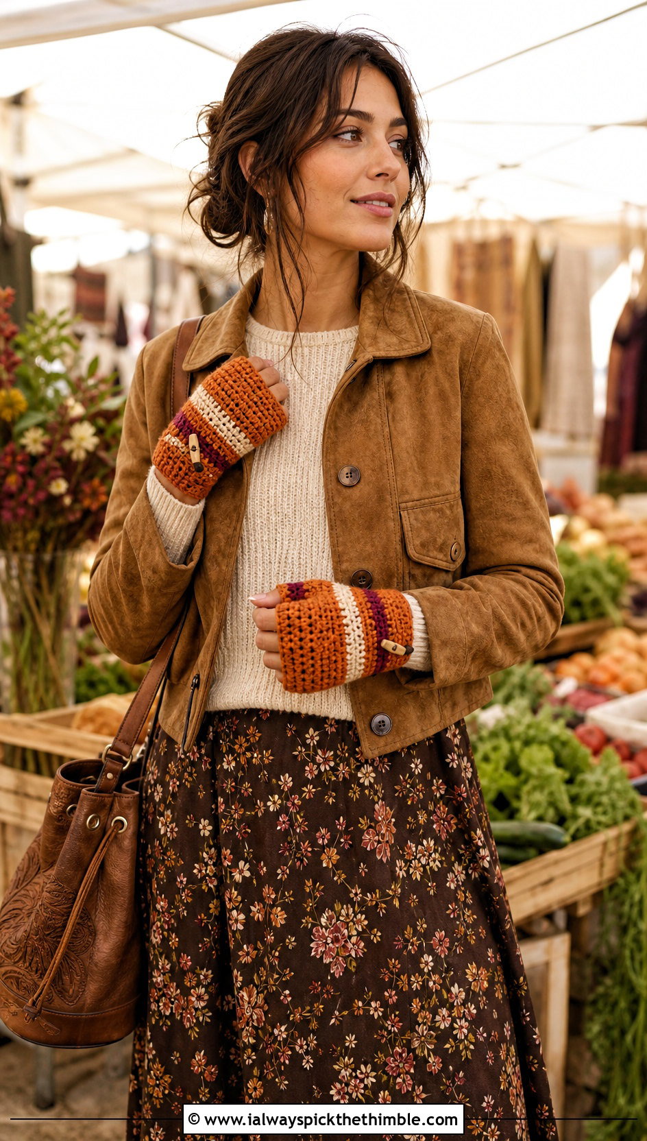 Striped Toggle Crochet Mittens With Maxi Skirt - 20 Convertible Crochet Fingerless Mittens outfit ideas