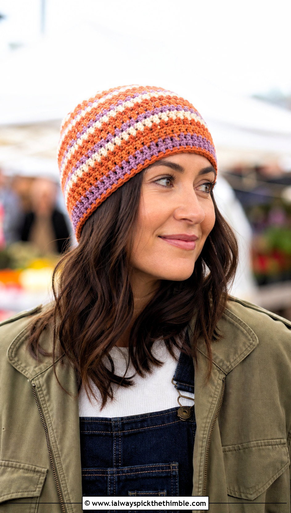 Striped Top Down Crochet Beanie With Utility Jacket And Overalls - 25 top down crochet beanie outfit ideas