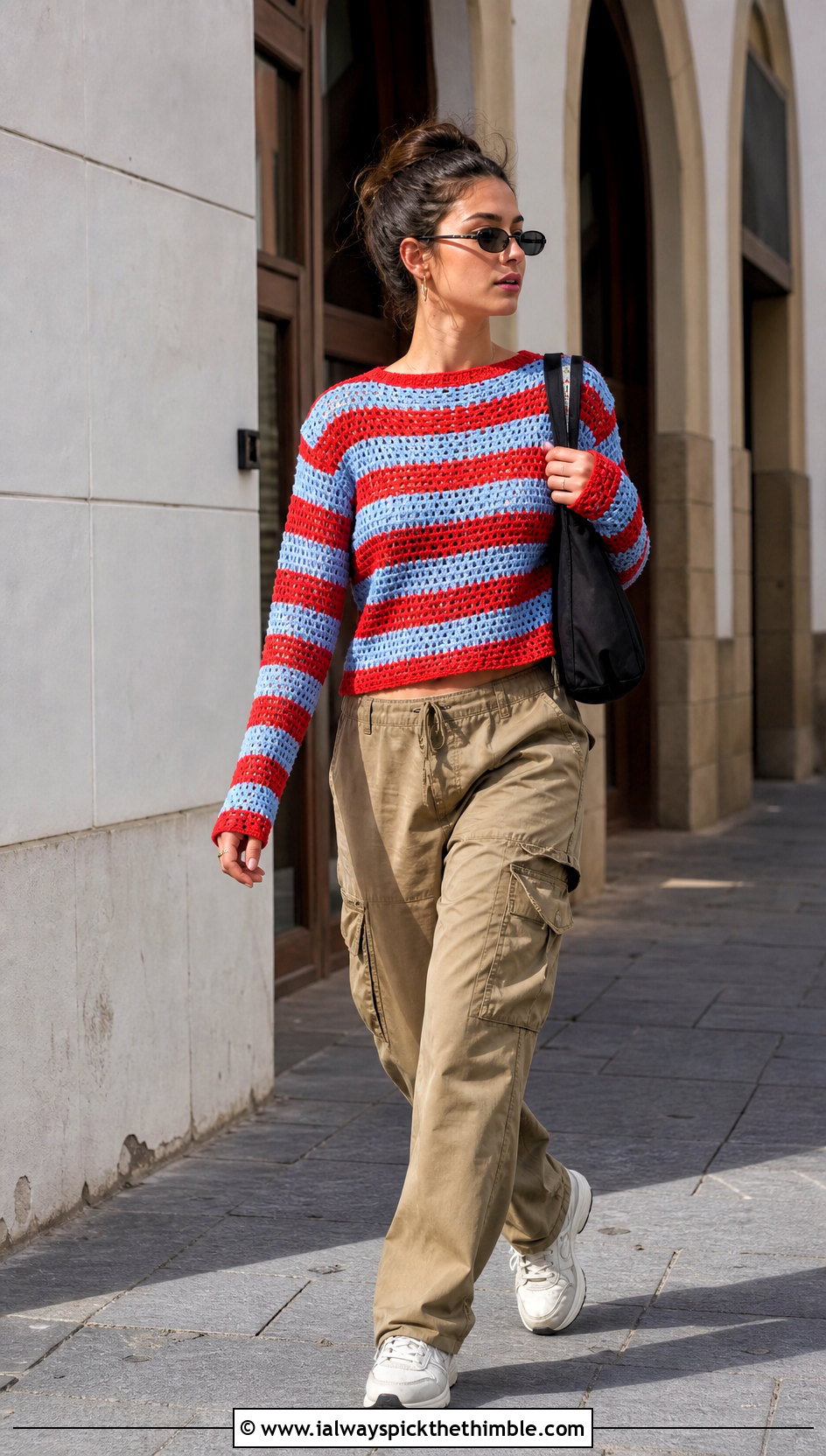 Striped Top Down Crochet Sweater With Cargo Pants - 15 Easy Top Down Crochet Sweater outfit ideas