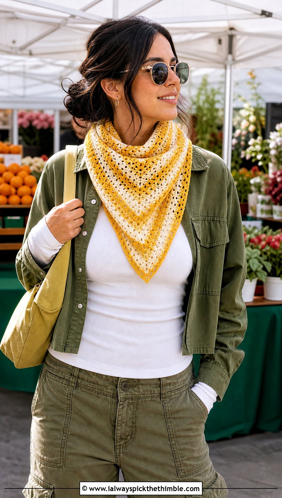 Striped Triangle Crochet Scarf With Utility Pants - 15 Boho Triangle Crochet Scarf outfit ideas
