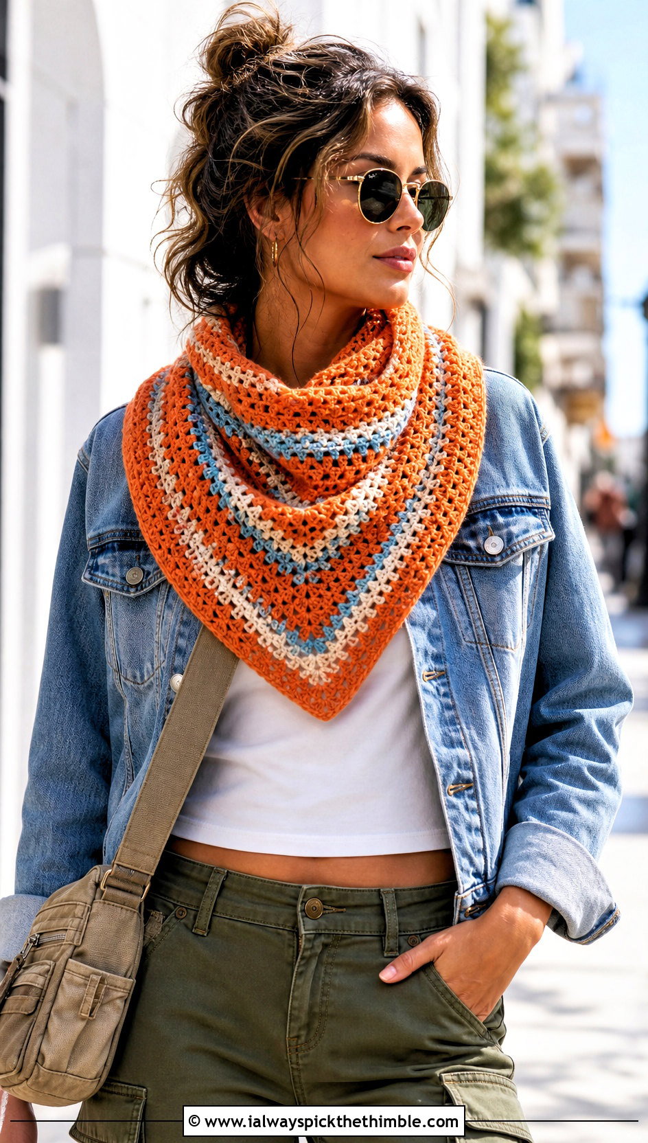 Striped Triangle Crochet Shawl With Denim Jacket And Cargo Pants - 15 Beginner Triangle Crochet Shawl outfit ideas