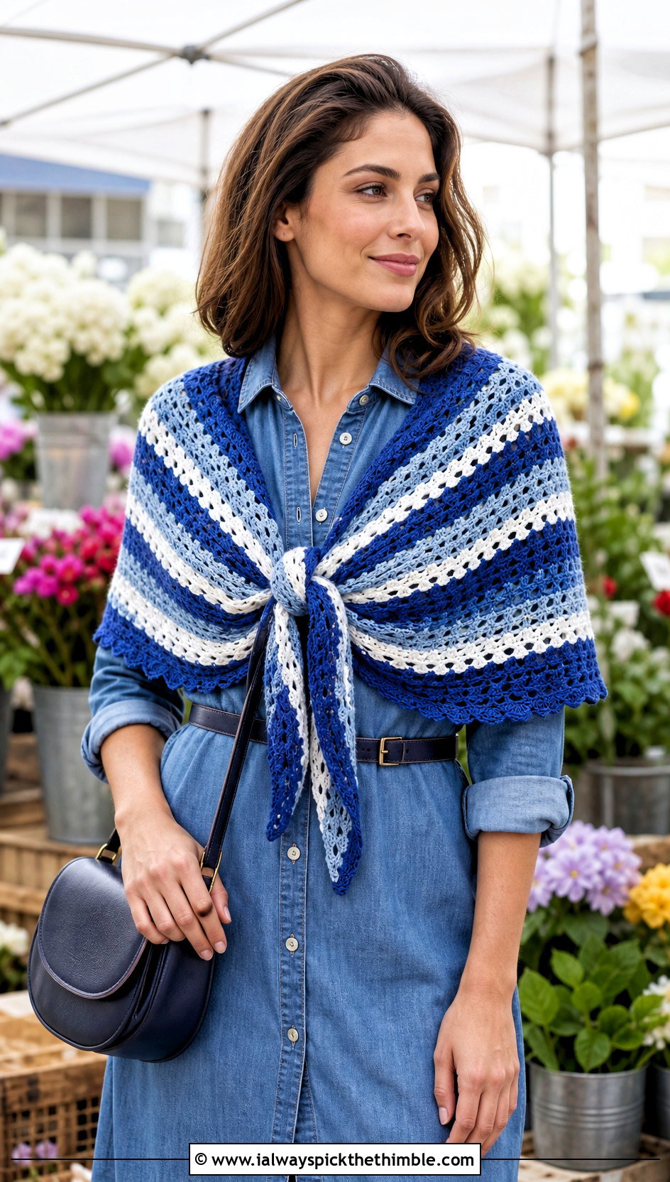 Striped Triangle Crochet Shawl With Denim Shirt Dress - 20 triangle crochet shawls outfit ideas