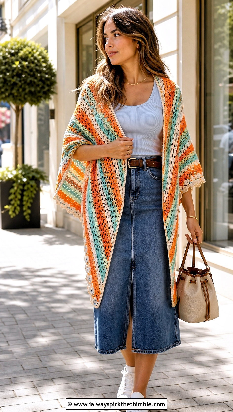 Striped Triangle Crochet Shawl With Denim Skirt - 25 triangle crochet shawl outfit ideas