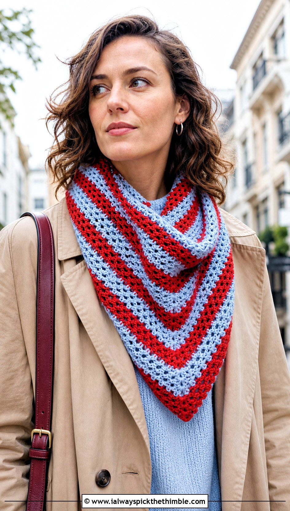 Striped Triangle Crochet Shawl With Trench Coat And Loafers - 20 easy triangle crochet shawl outfit ideas