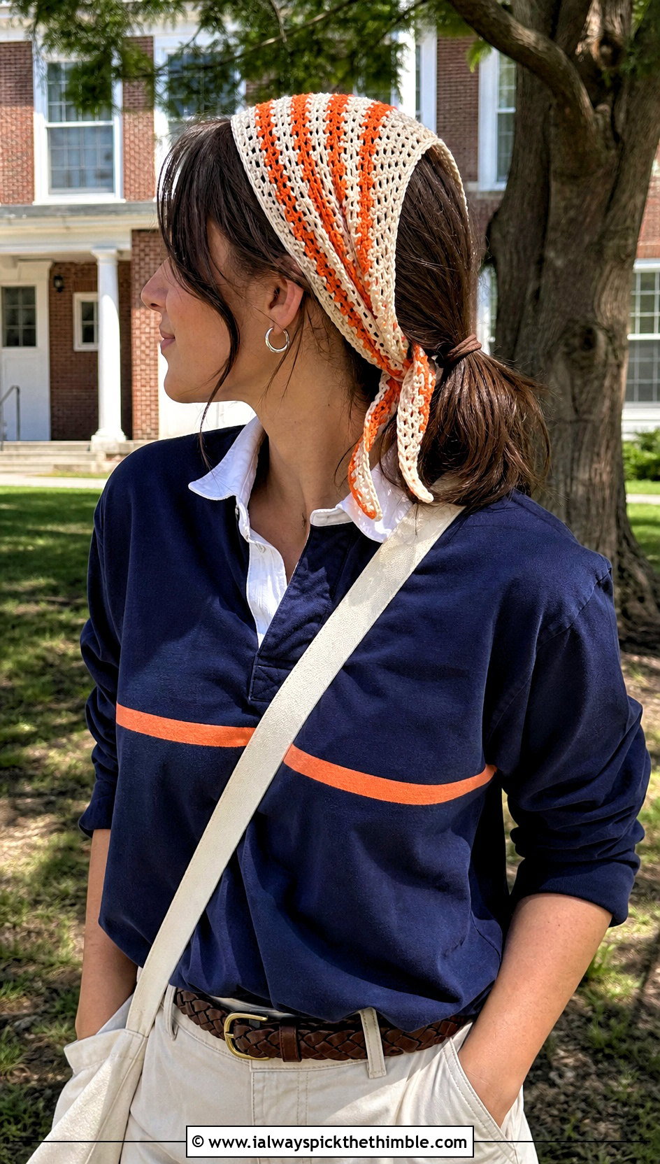 Striped Triangle Headband With Rugby Shirt And Chinos - 20 crochet triangle headband outfit ideas