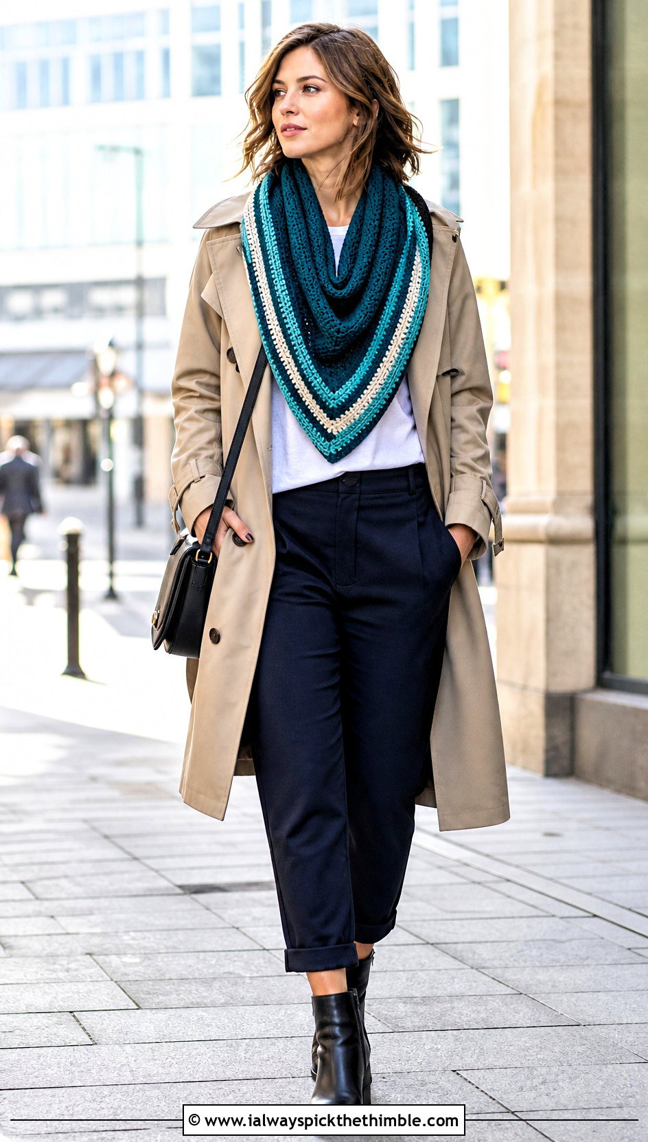 Striped Triangle Shawl With Trench Coat And Trousers - 20 easy crochet triangle shawl outfit ideas