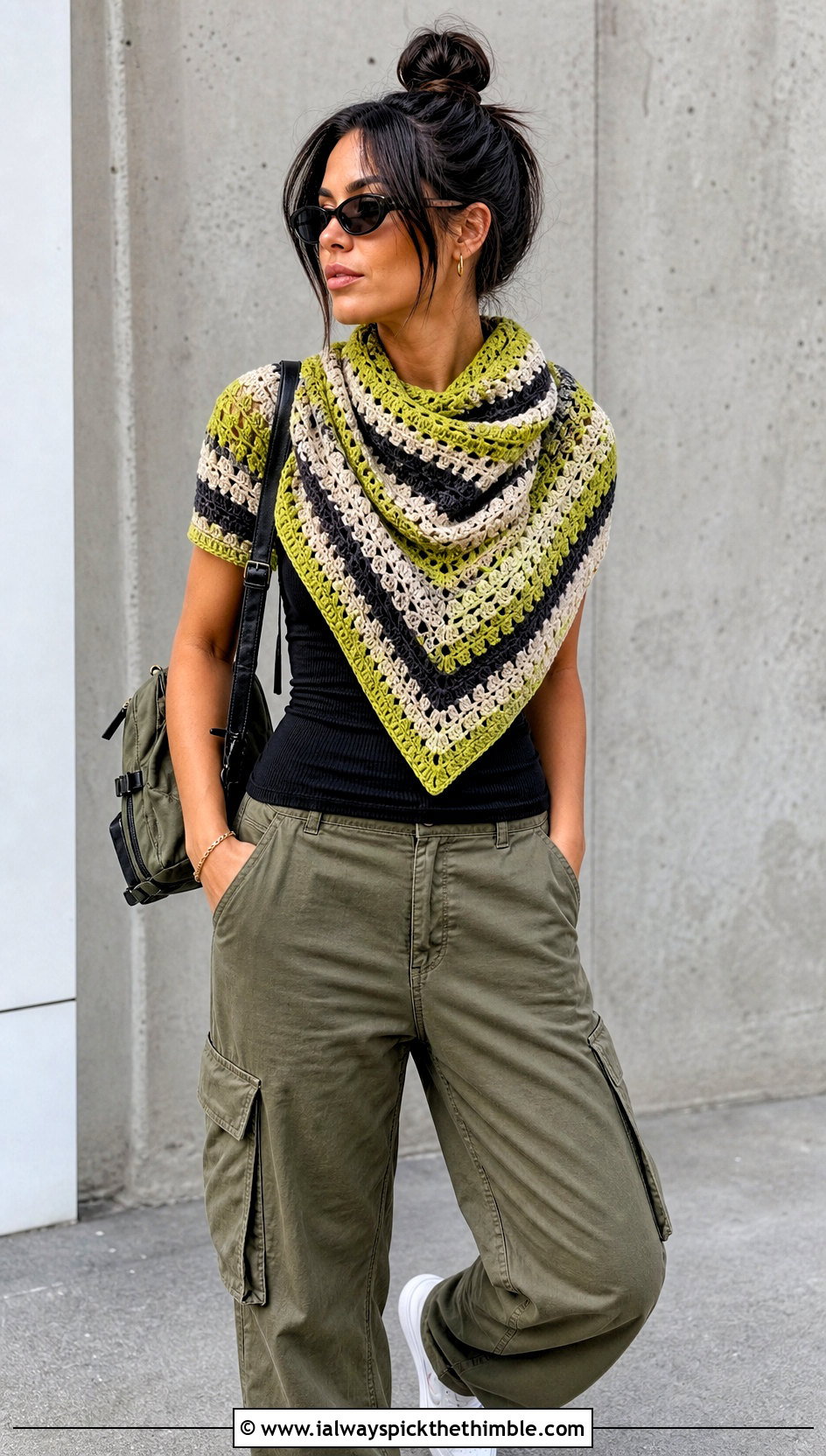 Striped Triangular Crochet Shawl With Cargo Pants - 20 triangular crochet shawl outfit ideas