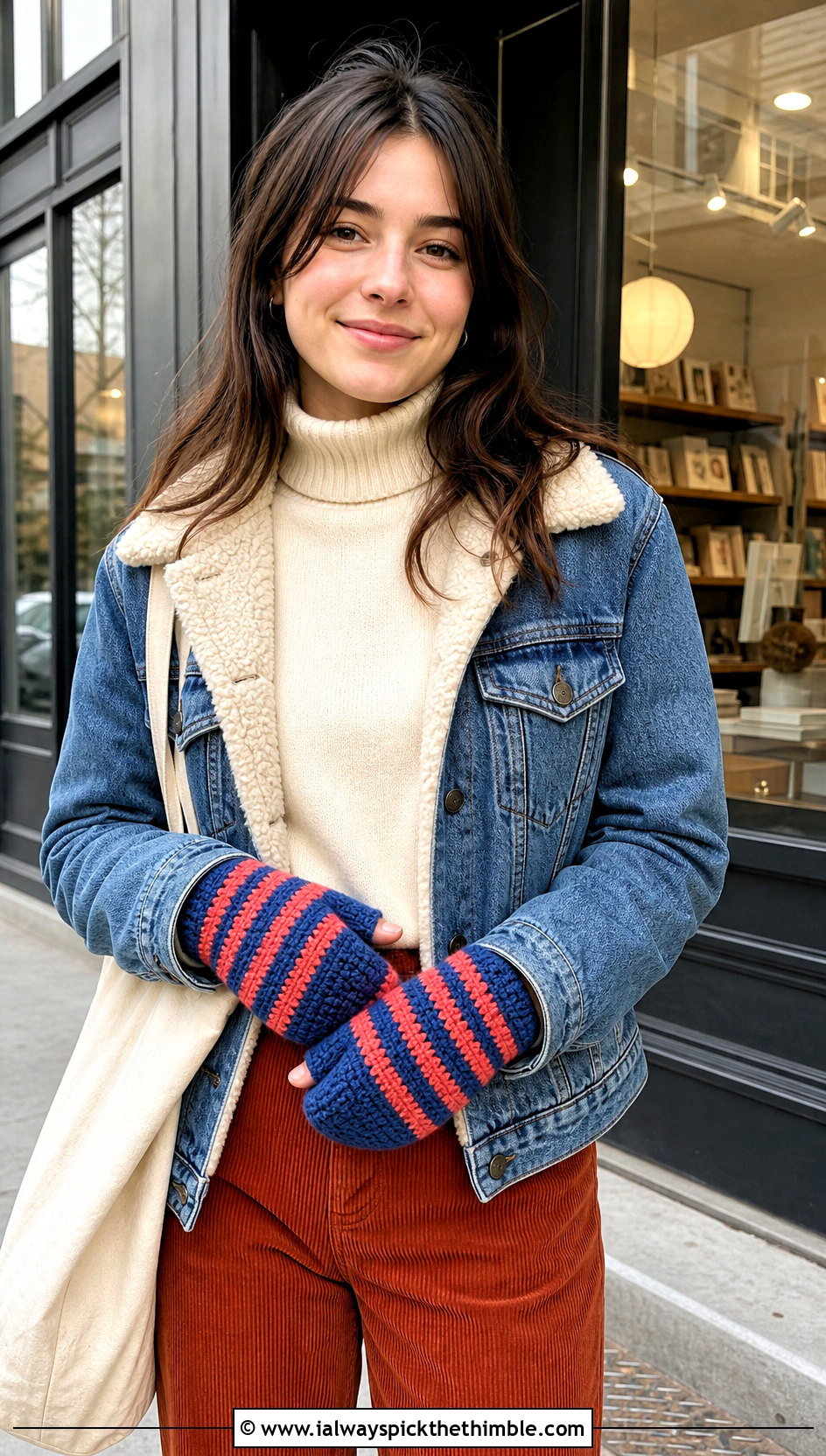 Striped Trigger Tabi Crochet Mittens With Denim Jacket And Corduroy Pants - 20 Tabi Crochet Mittens outfit ideas