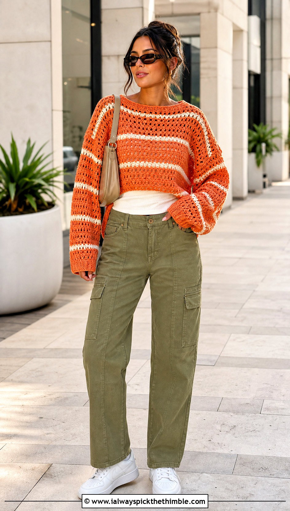 Striped Triple Crochet Sweater With Cargo Pants - 20 Triple Crochet Sweater outfit ideas