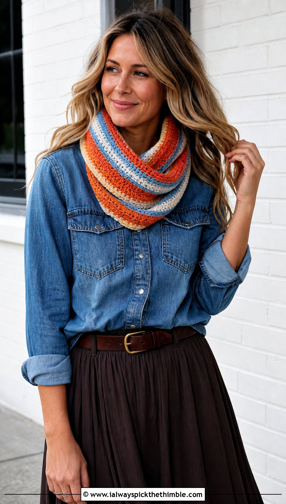 Striped Tube Crochet Cowl With Denim Shirt - 25 crochet cowl outfit ideas