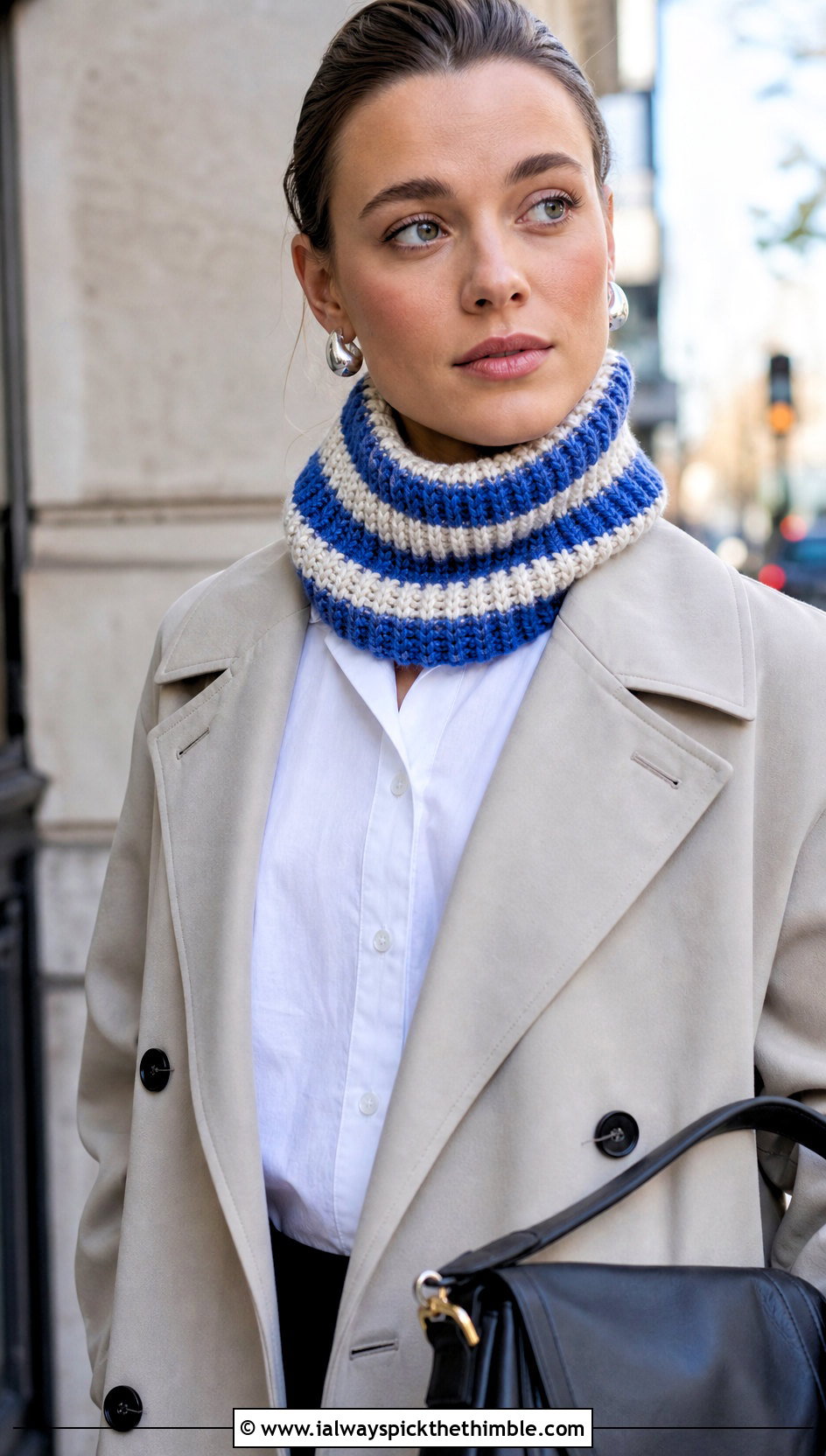 Striped Tube Crochet Cowl With Trench Coat - 15 striped crochet cowl outfit ideas