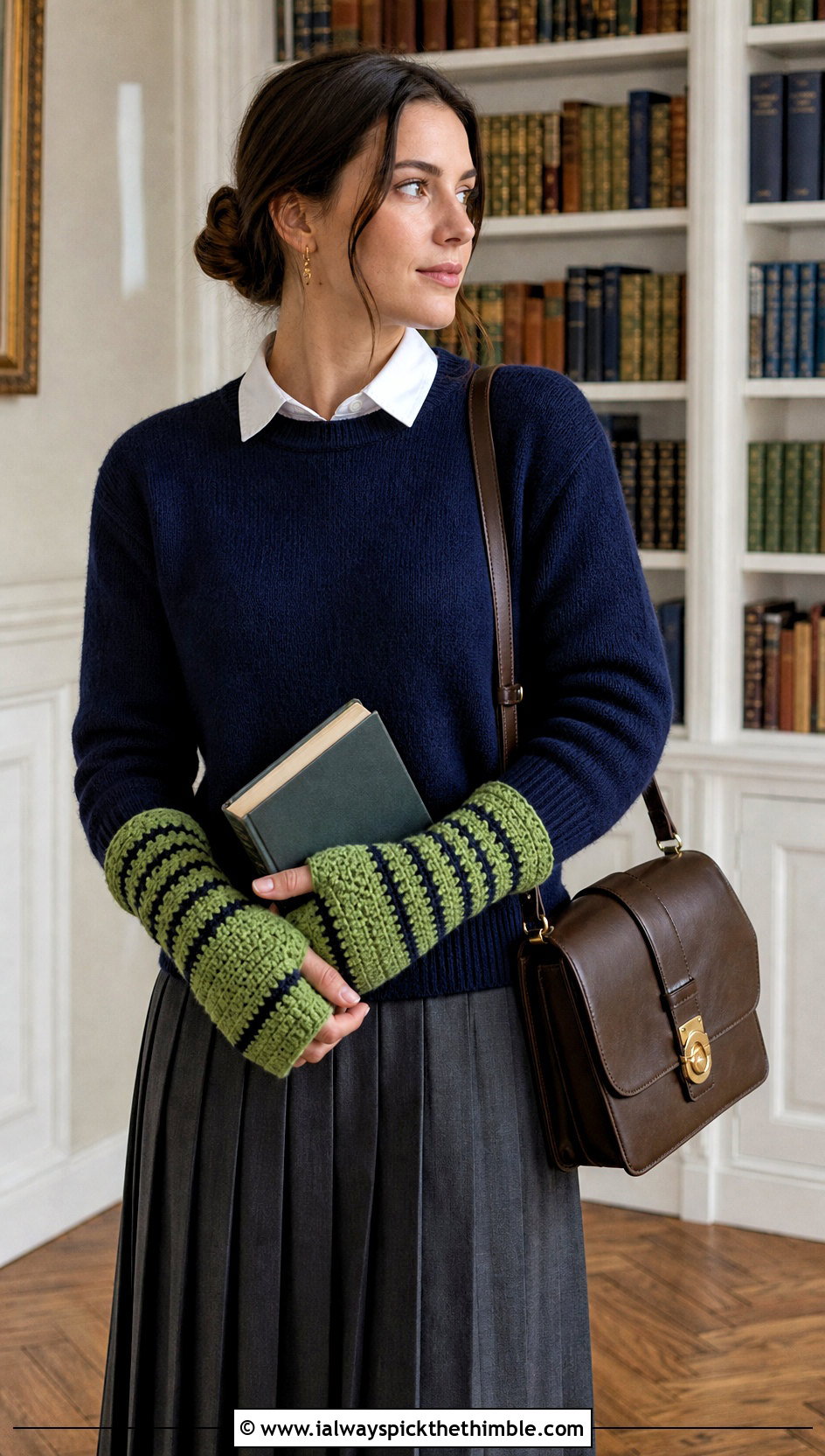 Striped Tube Crochet Wrist Warmers With Preppy Outfit - 20 easy crochet hand warmers outfit ideas