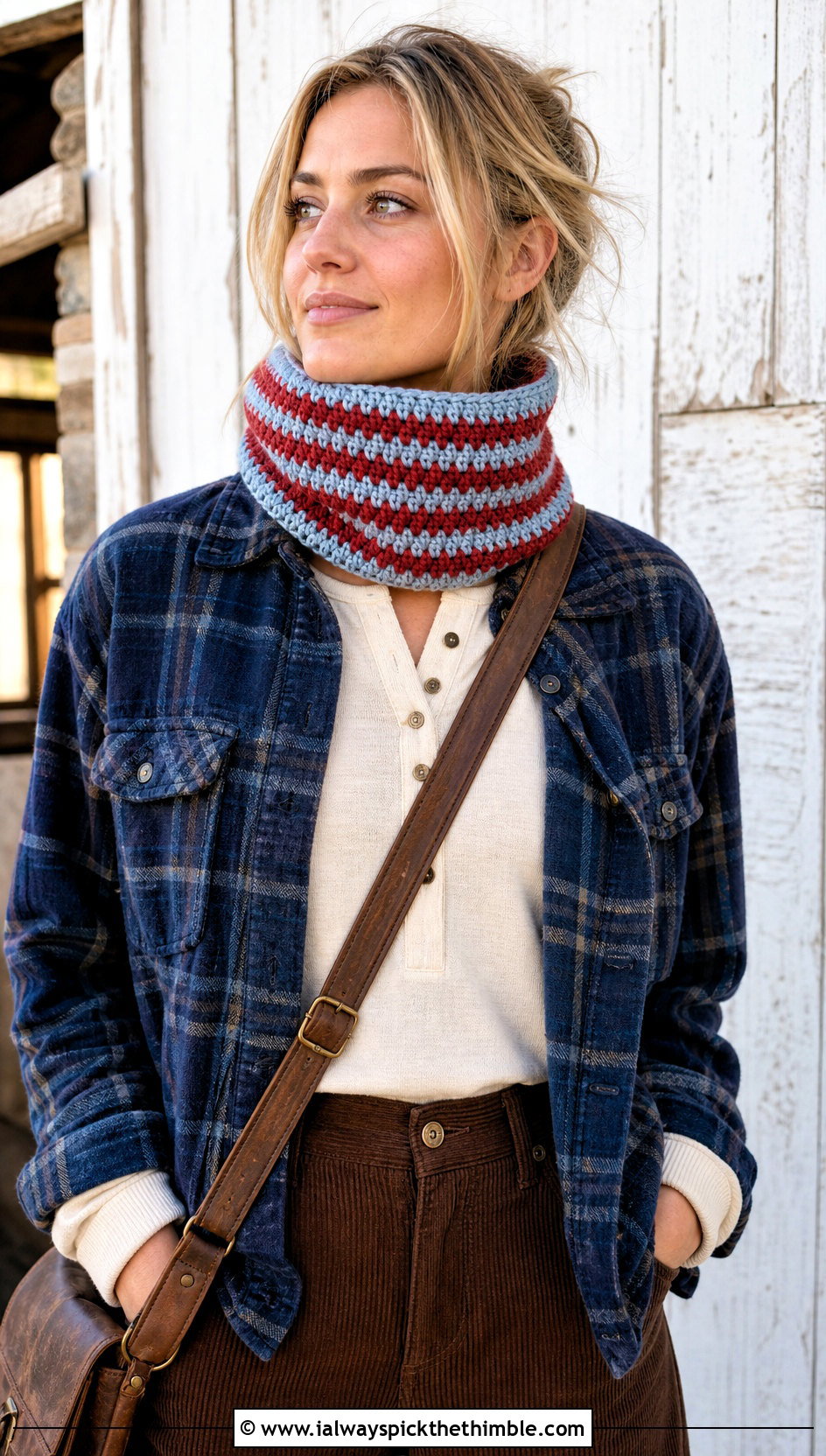 Striped Tube Crocheted Cowl With Flannel Shacket - 20 Crocheted Cowl outfit ideas