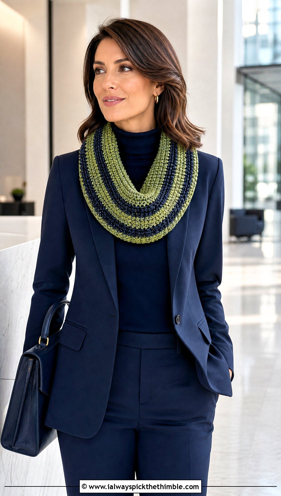 Striped Tunisian Crochet Cowl With Monochrome Suit - 15 striped crochet cowl outfit ideas