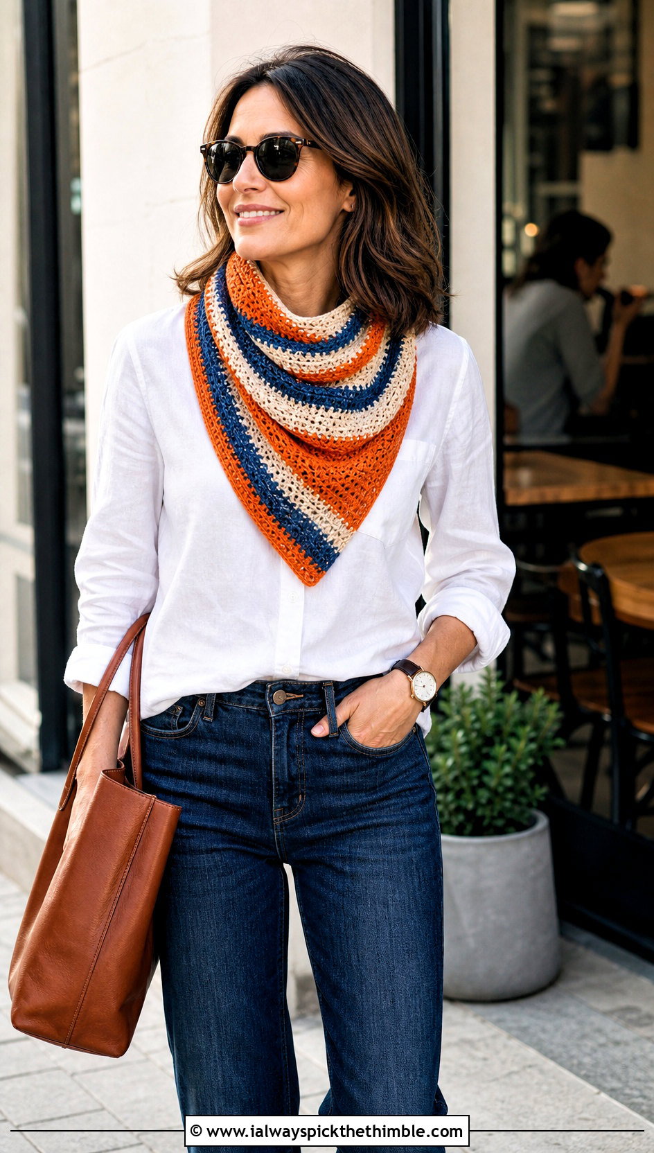 Striped Tunisian Crochet Triangle Shawl With White Shirt And Jeans - 20 Tunisian Crochet Triangle Shawl outfit ideas