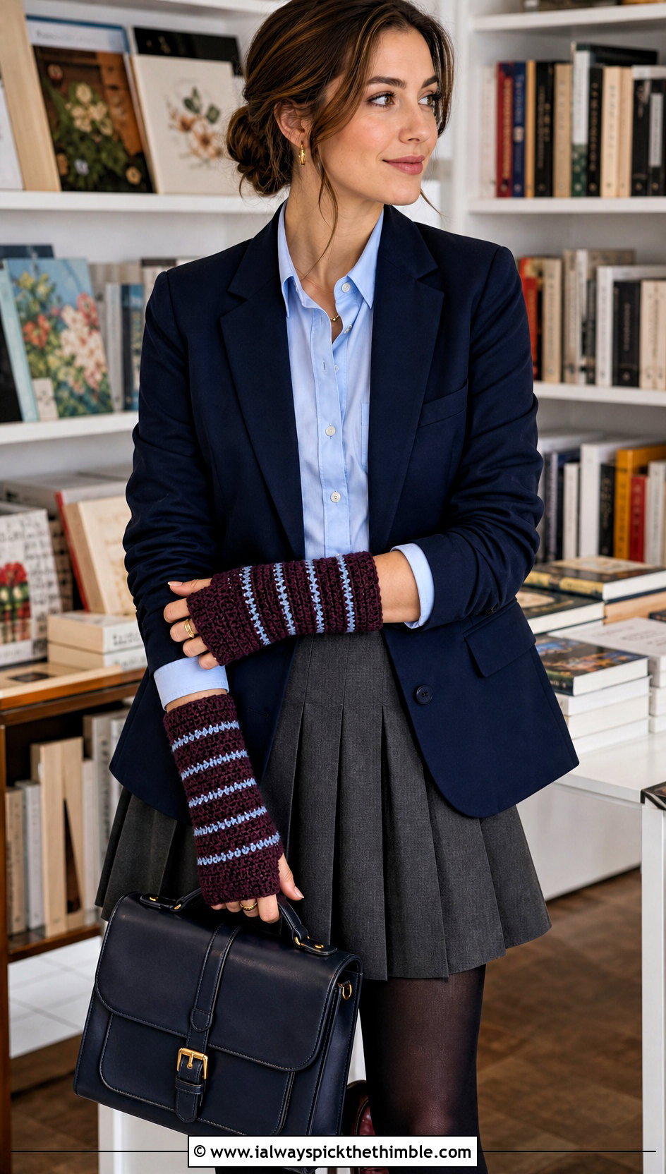Striped Tunisian Crochet Wrist Warmers With Preppy Blazer - 15 Tunisian Crochet Wrist Warmers outfit ideas