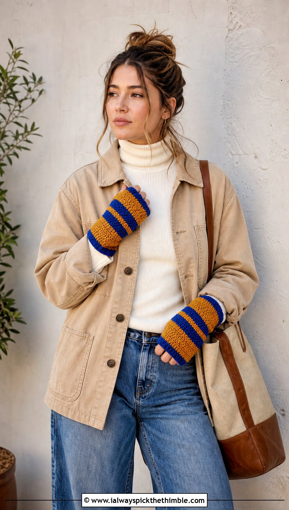 Striped Tunisian Fingerless Gloves With Chore Jacket And Barrel Jeans - 20 tunisian crochet fingerless gloves outfit ideas