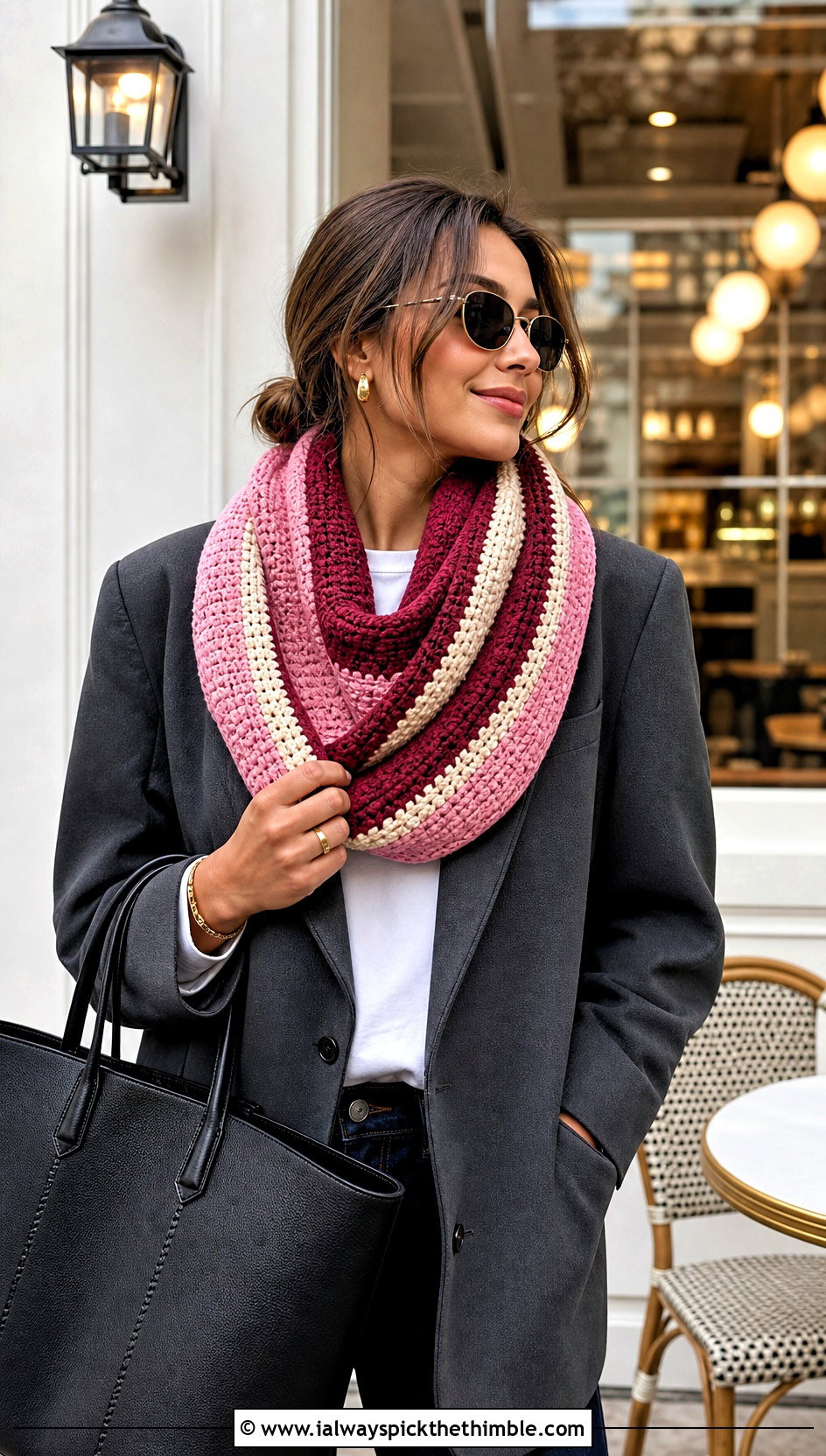 Striped Tunisian Infinity Scarf With Blazer And Jeans - 15 Tunisian Crochet Infinity Scarf outfit ideas