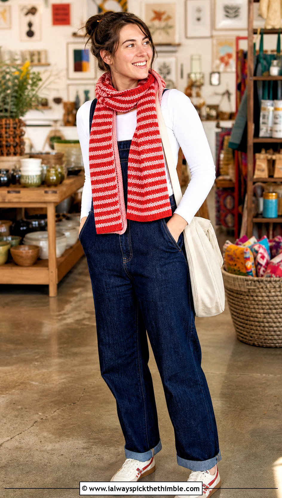 Striped Tunisian Scarf With Overalls - 20 Easy Tunisian Crochet Scarf outfit ideas