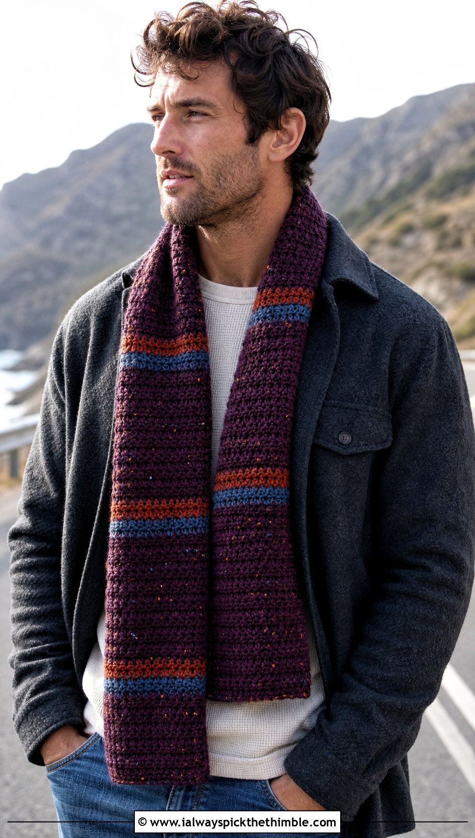 Striped Tweed Crochet Scarf With Flannel Shirt Jacket - 15 Tweed Men's Crochet Scarf outfit ideas