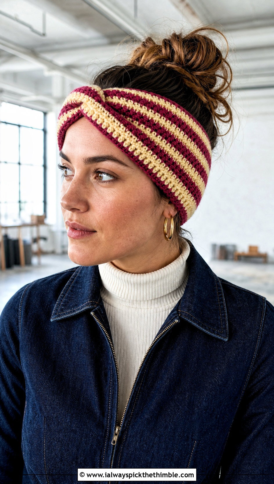 Striped Twist Ear Warmer With Denim Jumpsuit - 20 Crochet Twist Ear Warmer outfit ideas