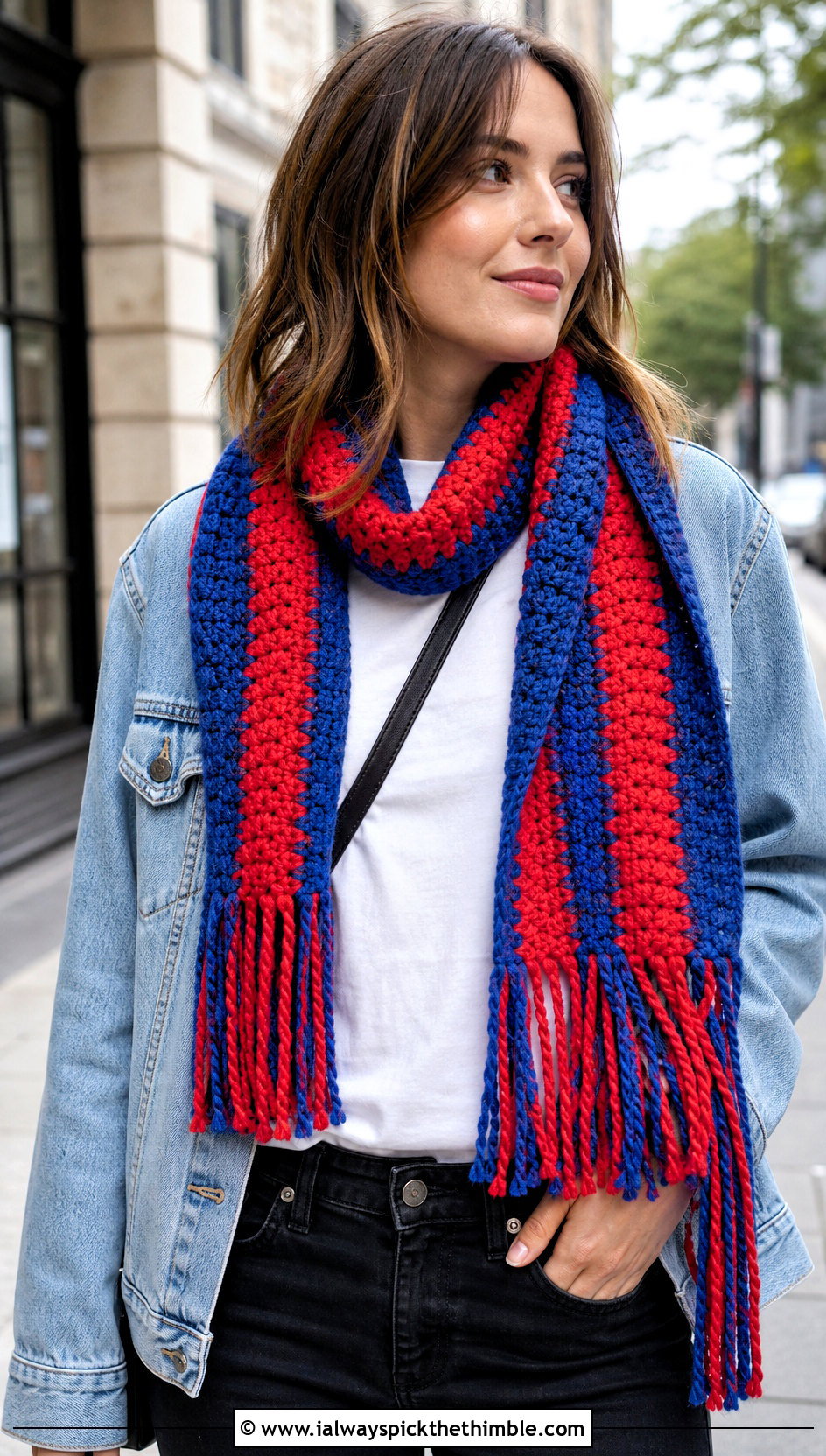 Striped Twisted Fringe Bonfire Scarf With Denim Jacket - 20 Crochet Bonfire Scarf outfit ideas