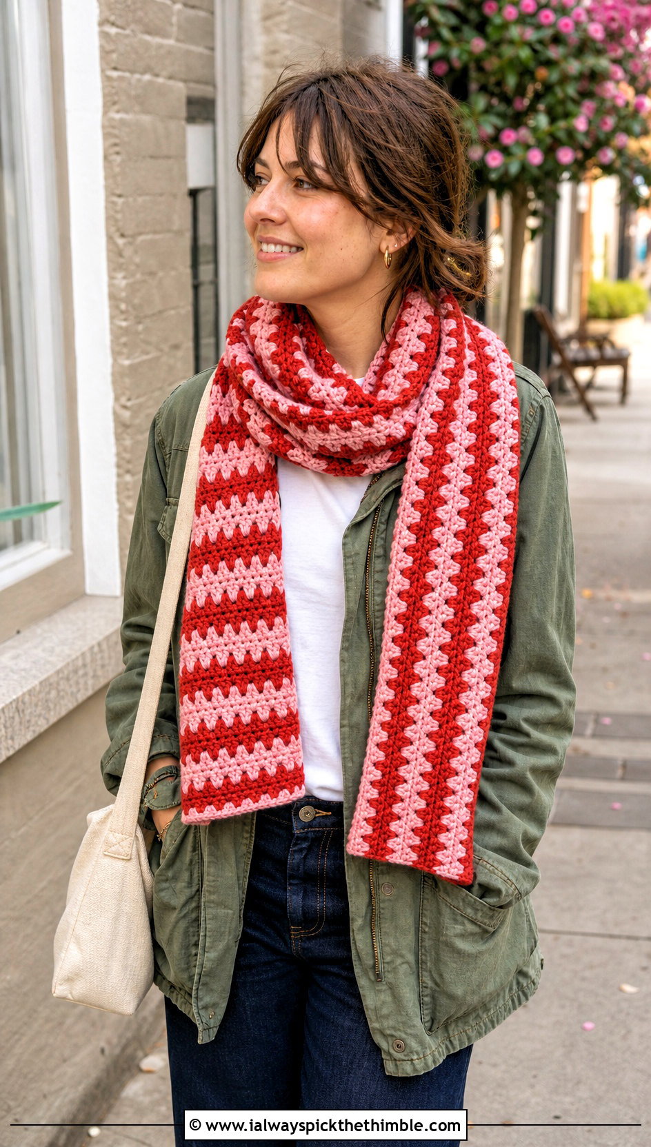 Striped V Stitch Crochet Scarf With Utility Jacket - 20 v stitch crochet scarf outfit ideas