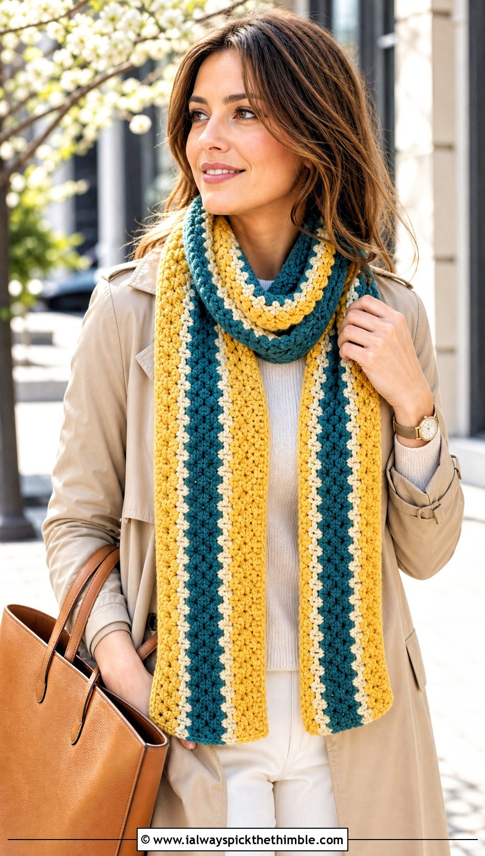 Striped V Stitch Scarf With Trench Coat - 20 crochet v stitch scarf outfit ideas