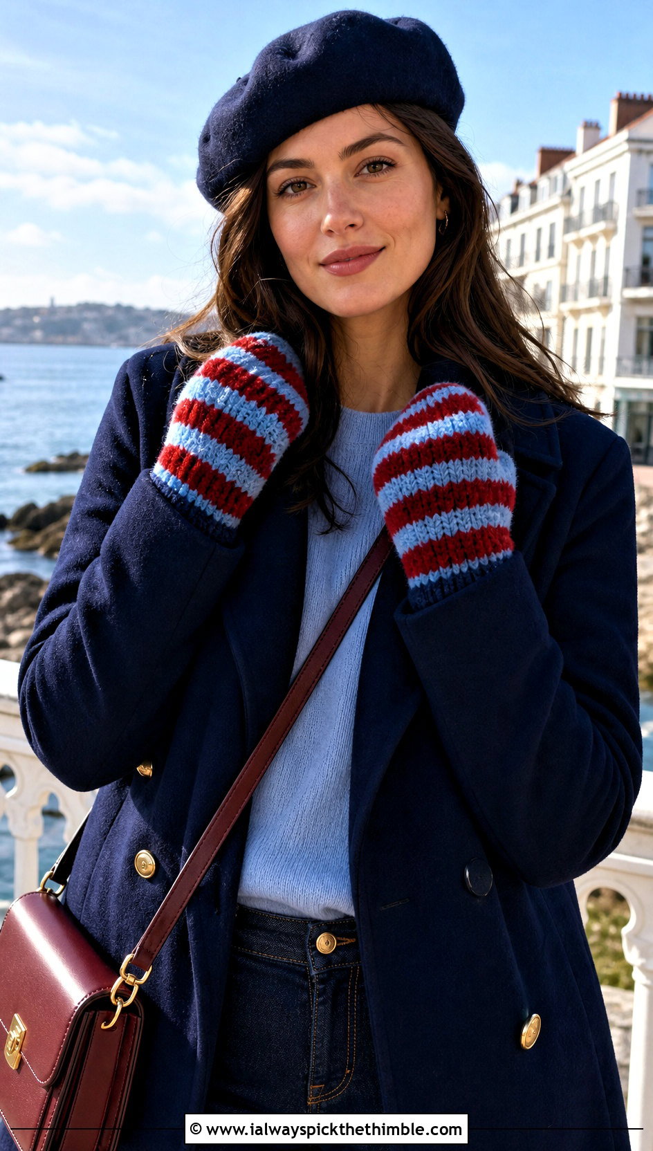 Striped Velvet Crochet Mittens With Peacoat And Jeans - 20 velvet crochet mittens outfit ideas