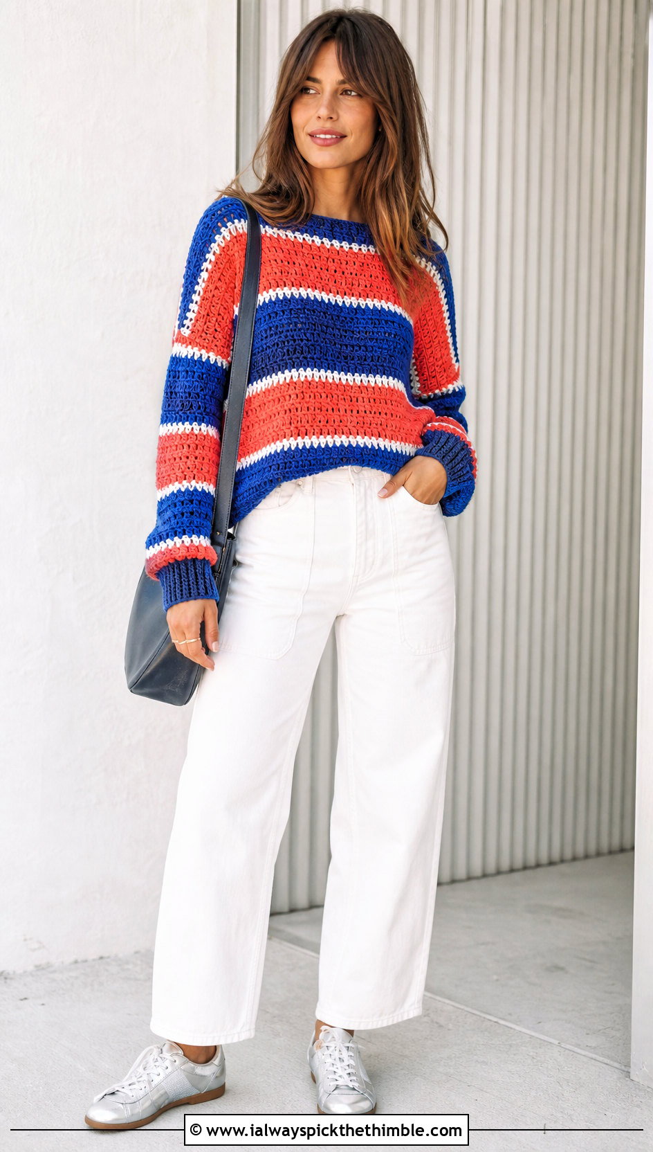 Striped Velvet Crochet Sweater With White Barrel Jeans - 20 velvet crochet sweater outfit ideas