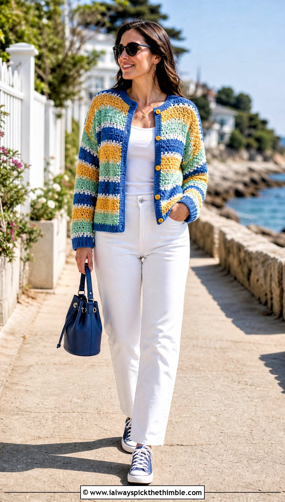 Striped Vintage Crochet Button Sweater With White Jeans - 20 Crochet Button Sweater outfit ideas