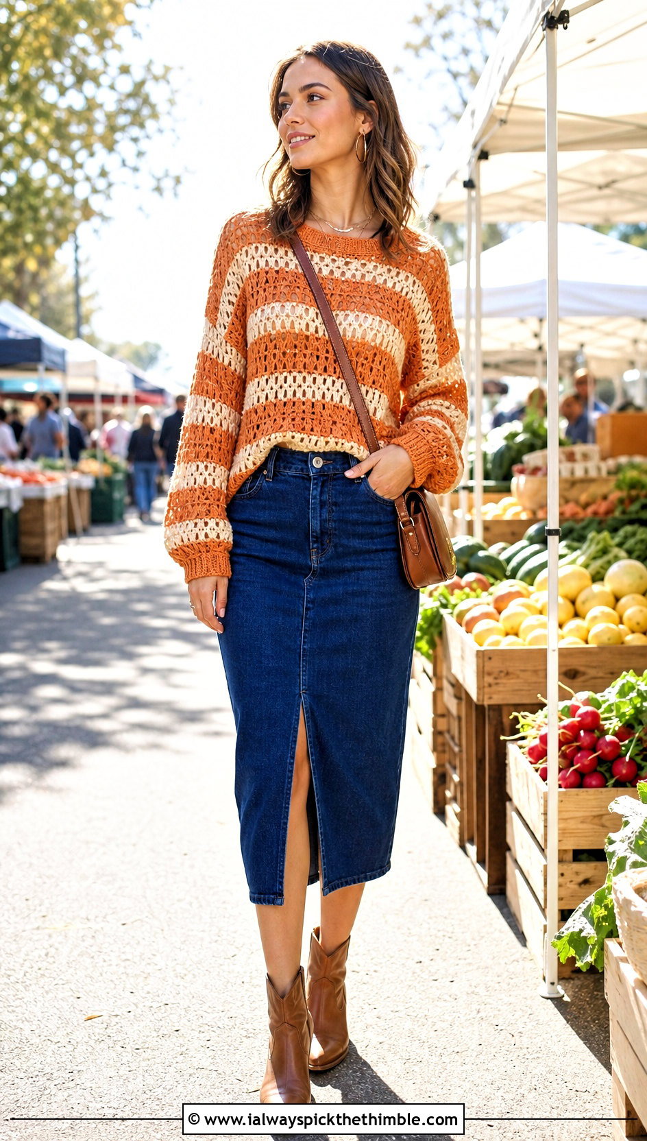 Striped Virgin Killer Crochet Sweater With Denim Midi Skirt - 15 virgin killer crochet sweater outfit ideas