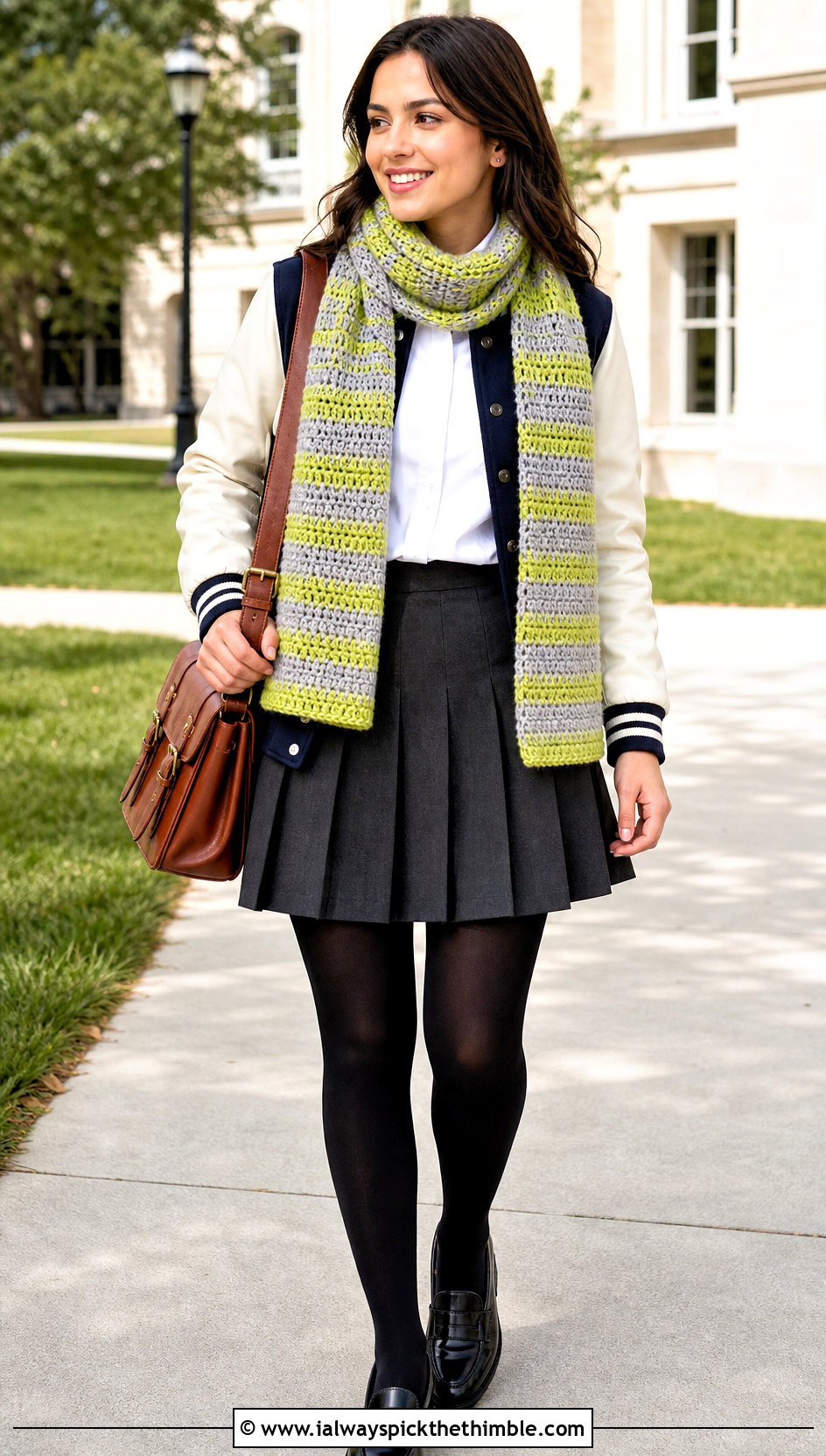 Striped Waffle Stitch Crochet Scarf With Pleated Skirt - 20 waffle stitch crochet scarf outfit ideas