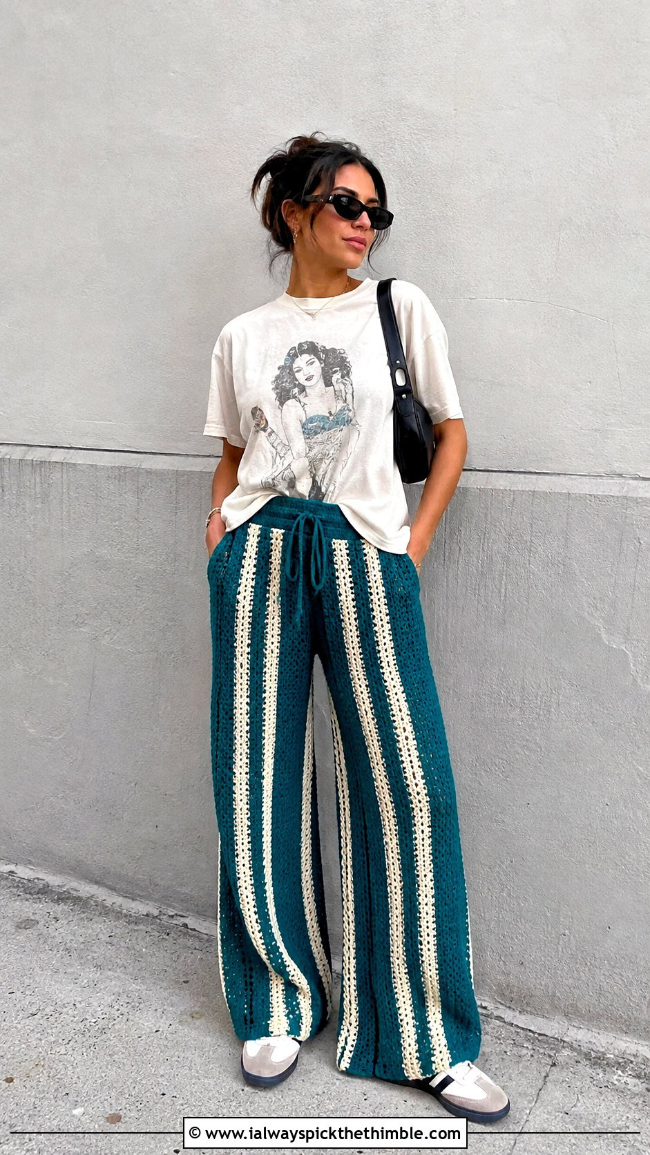 Striped Wide Leg Crochet Long Pants With Graphic Tee - 20 Crochet Long Pants outfit ideas